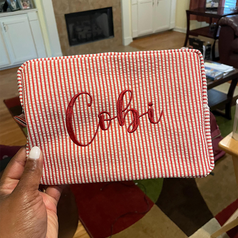 Personalized Embroidered Seersucker Striped Makeup Bag | CWPack295