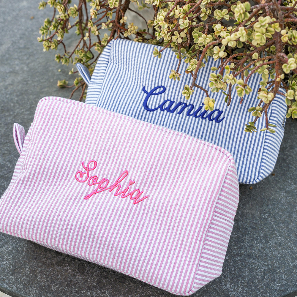 Personalized Embroidered Seersucker Striped Makeup Bag | CWPack295