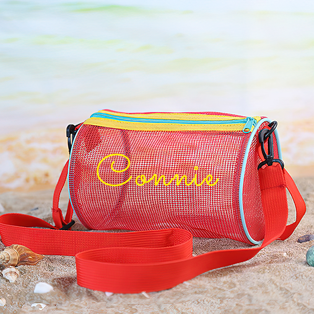 Personalized Cylinder Seashell Zipper Mesh Beach Bag | CWBeach165