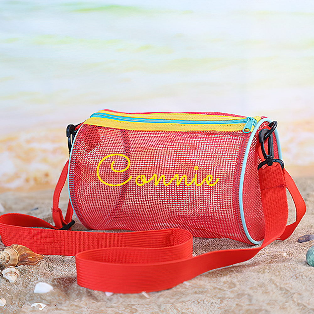 Personalized Cylinder Seashell Zipper Mesh Beach Bag | CWBeach165