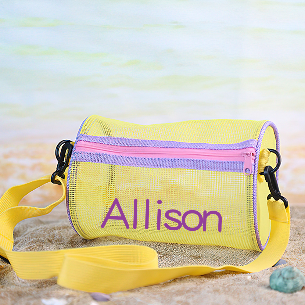Personalized Cylinder Seashell Zipper Mesh Beach Bag | CWBeach165
