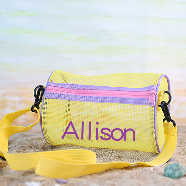 Personalized Cylinder Seashell Zipper Mesh Beach Bag | CWBeach165