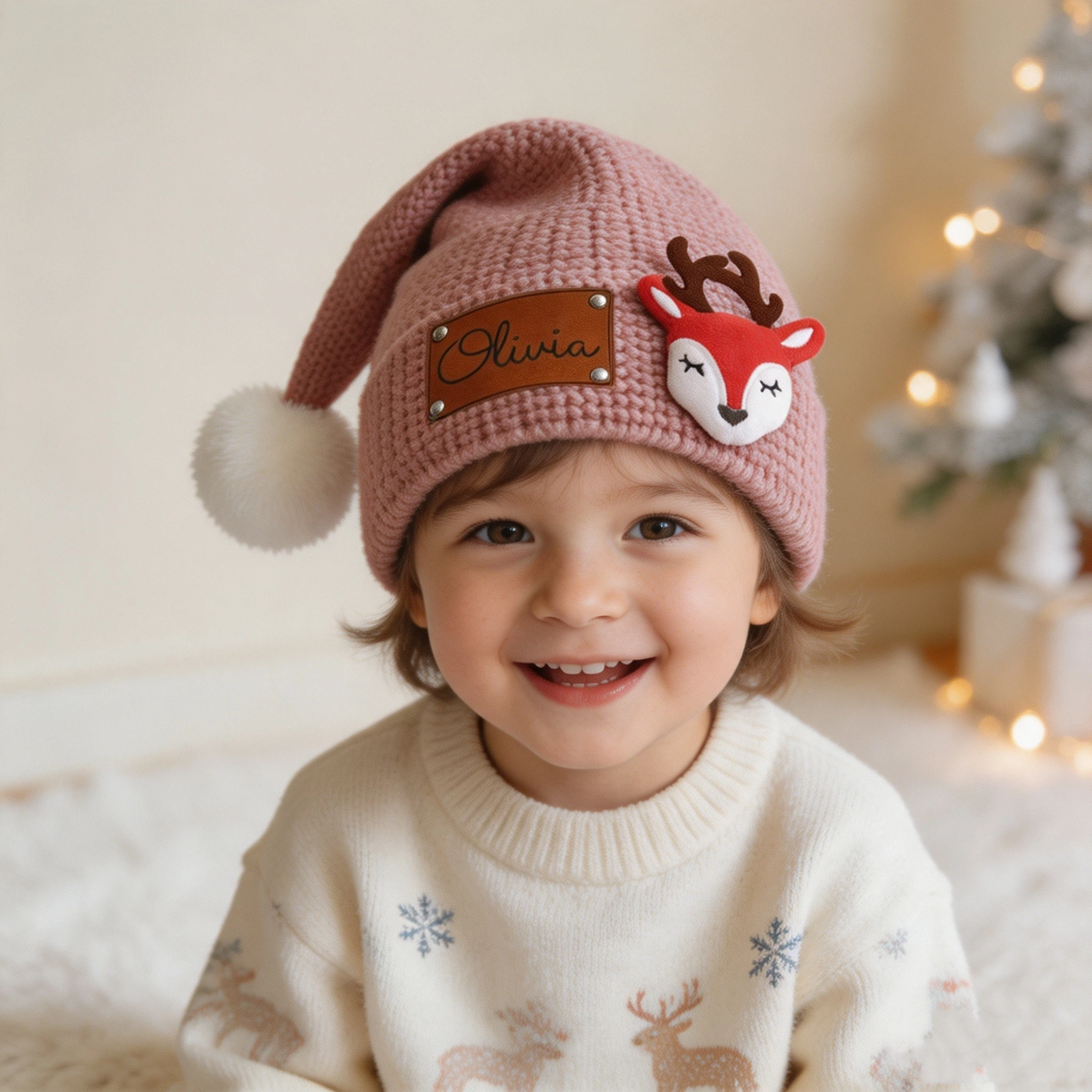 Personalized Lovely Leather Patch Christmas Elf Long Tail Hat | MCGift93