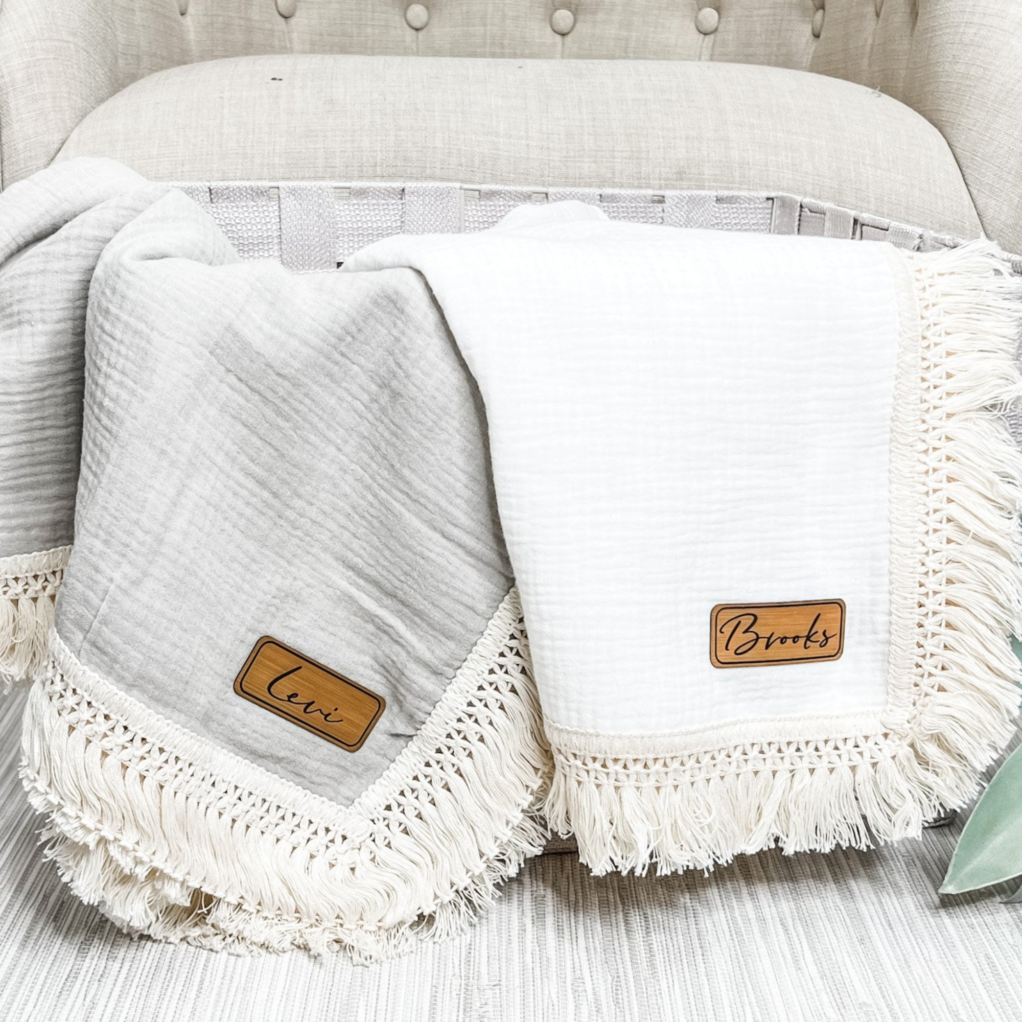 Personalized Fringe Leather Patch Baby Blanket | kkbaby18