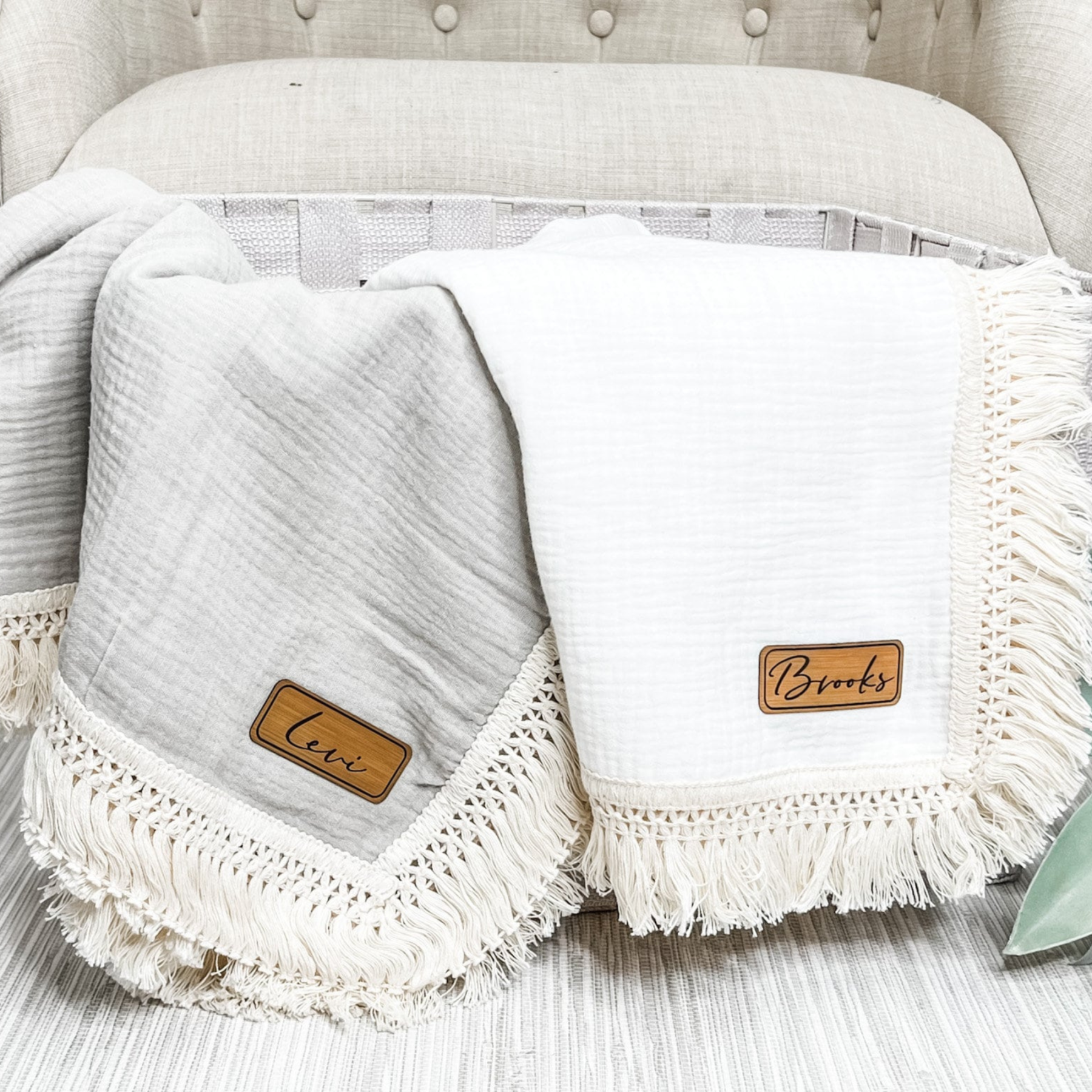 Personalized Fringe Leather Patch Baby Blanket | kkbaby18