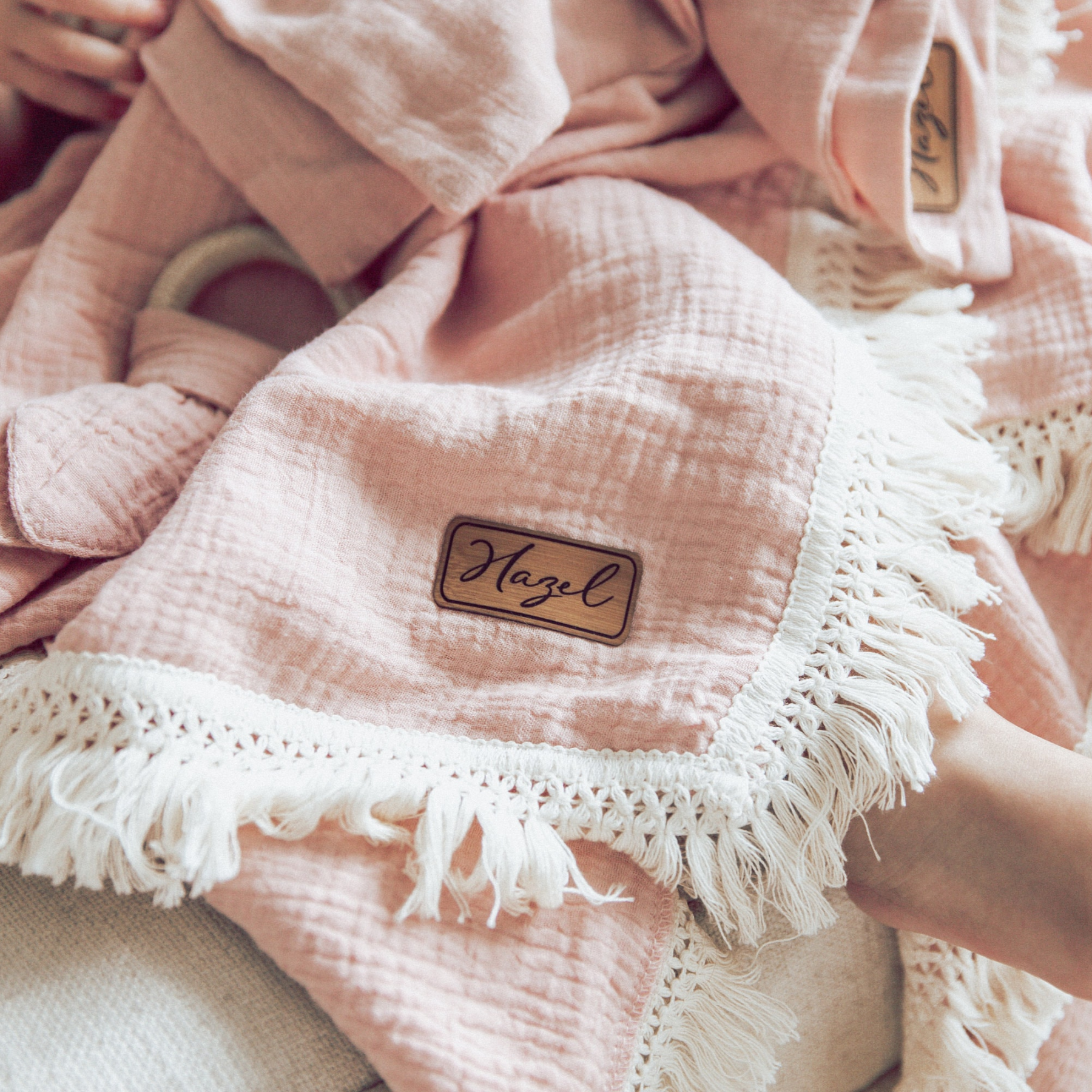 Personalized Fringe Leather Patch Baby Blanket | kkbaby18