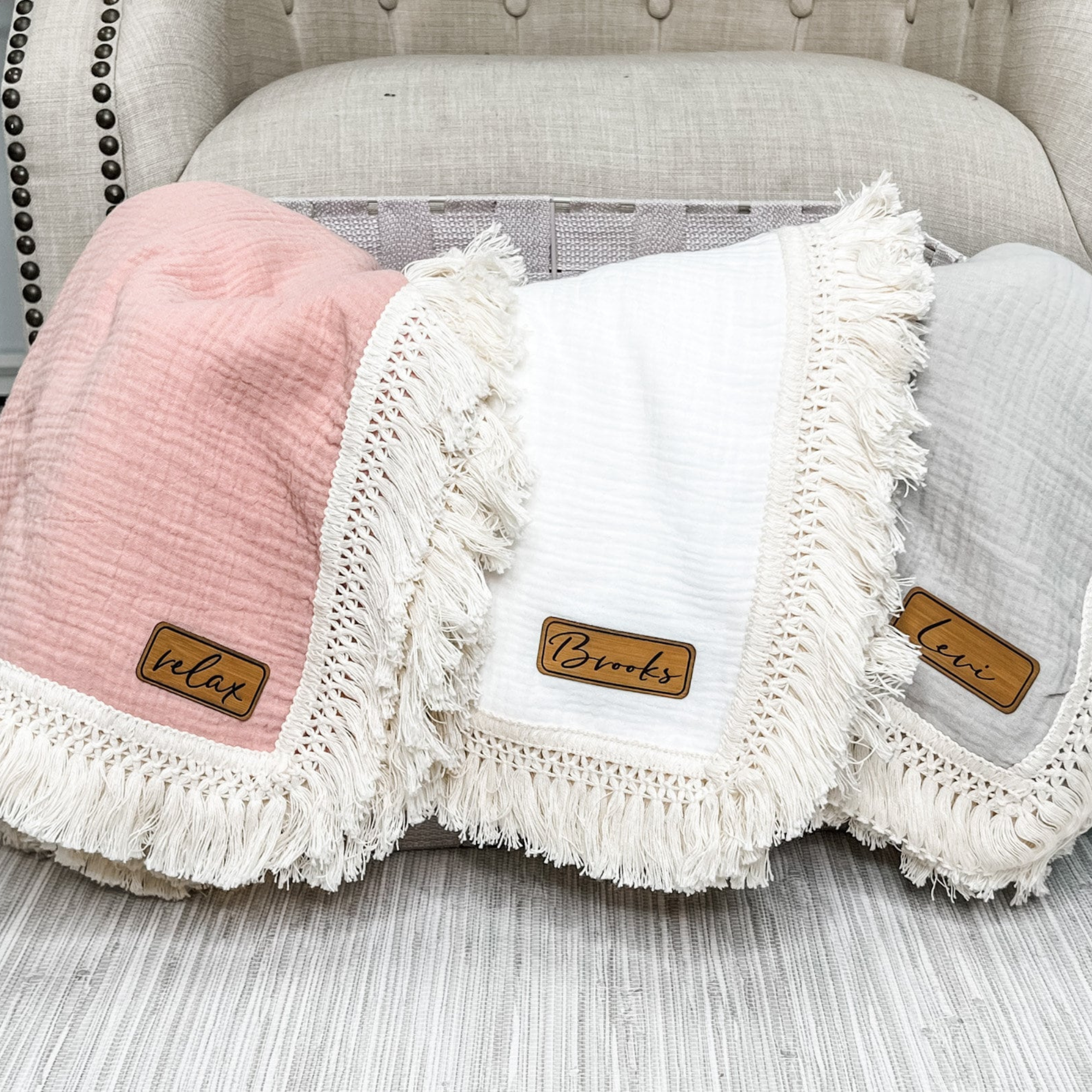 Personalized Fringe Leather Patch Baby Blanket | kkbaby18