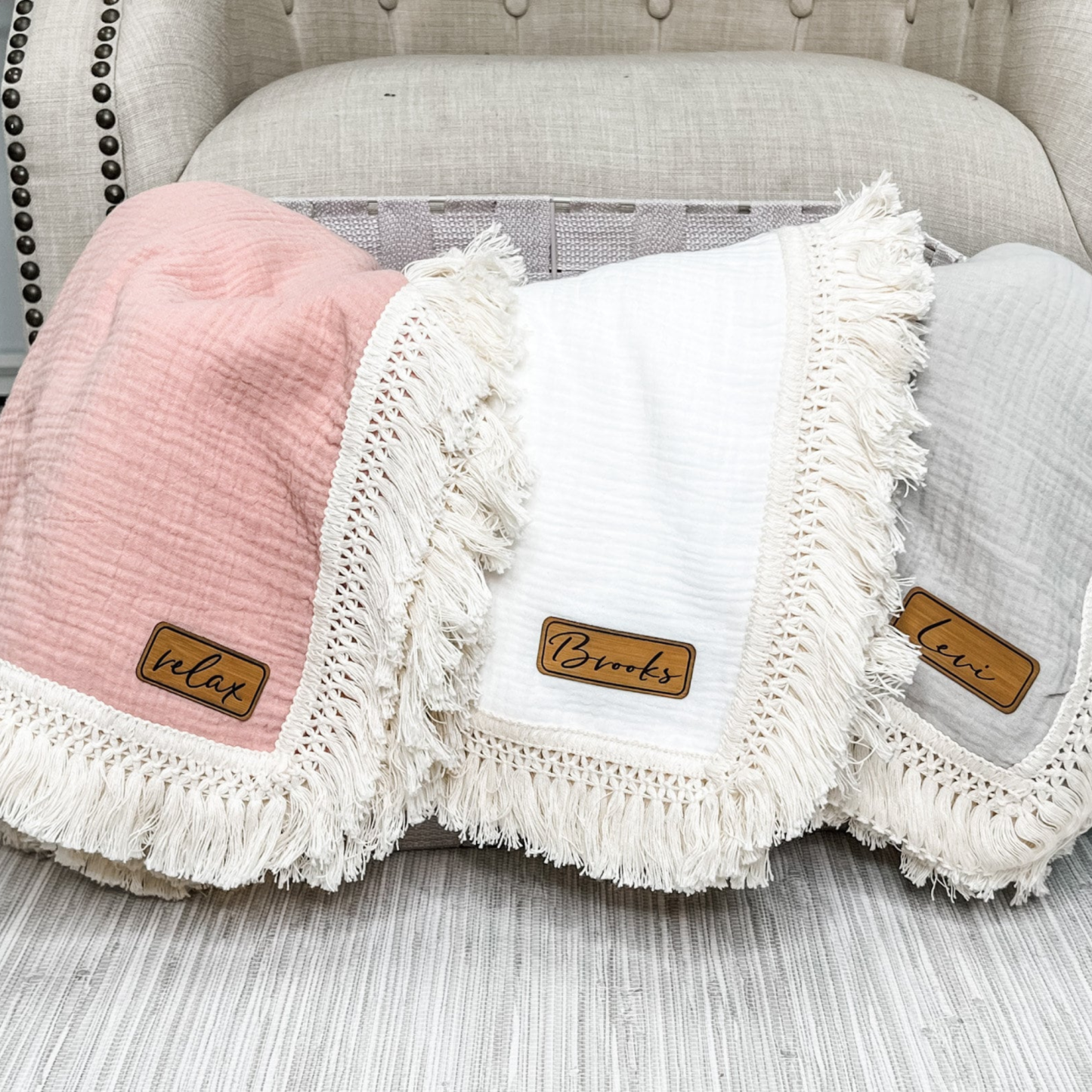 Personalized Fringe Leather Patch Baby Blanket | kkbaby18
