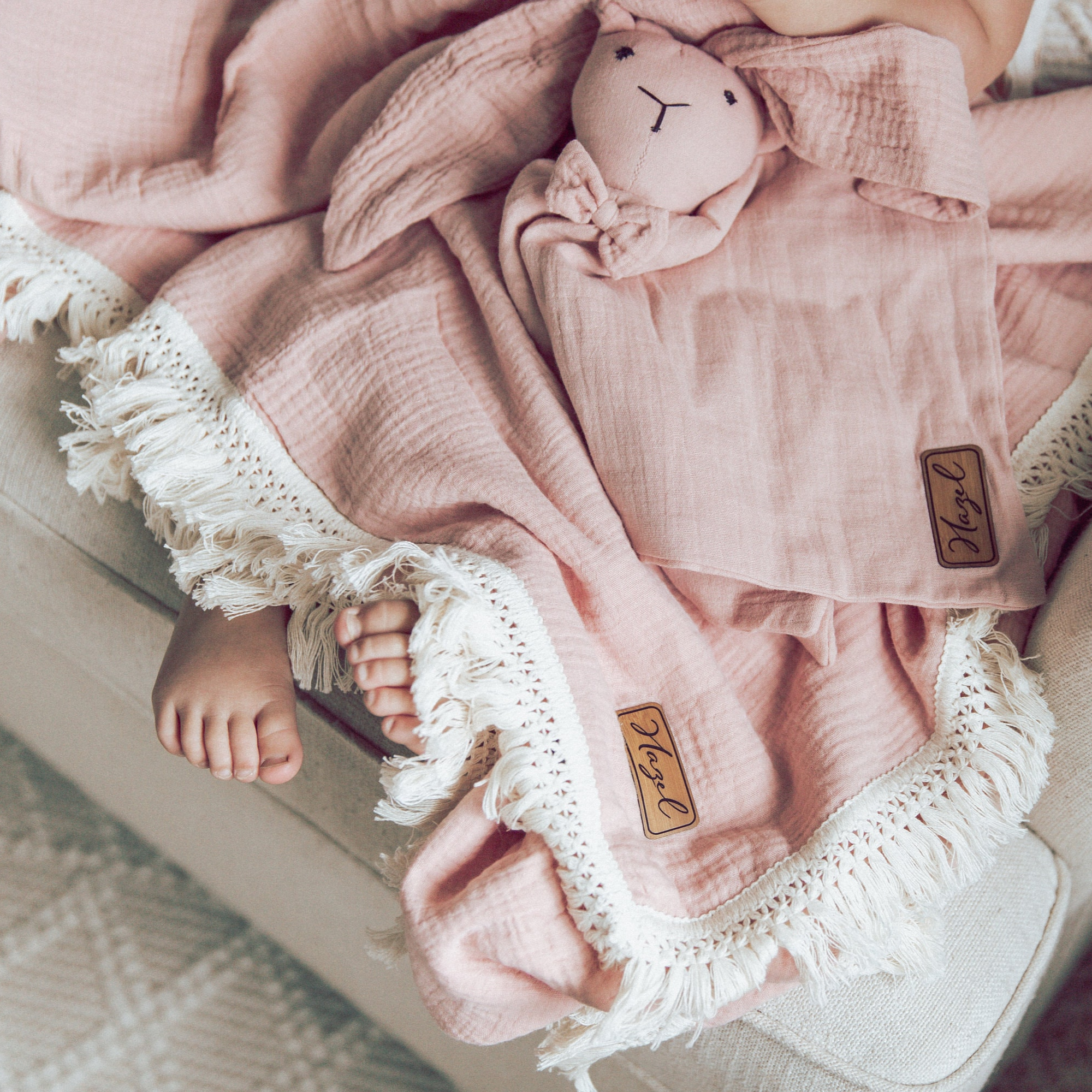 Personalized Fringe Leather Patch Baby Blanket | kkbaby18