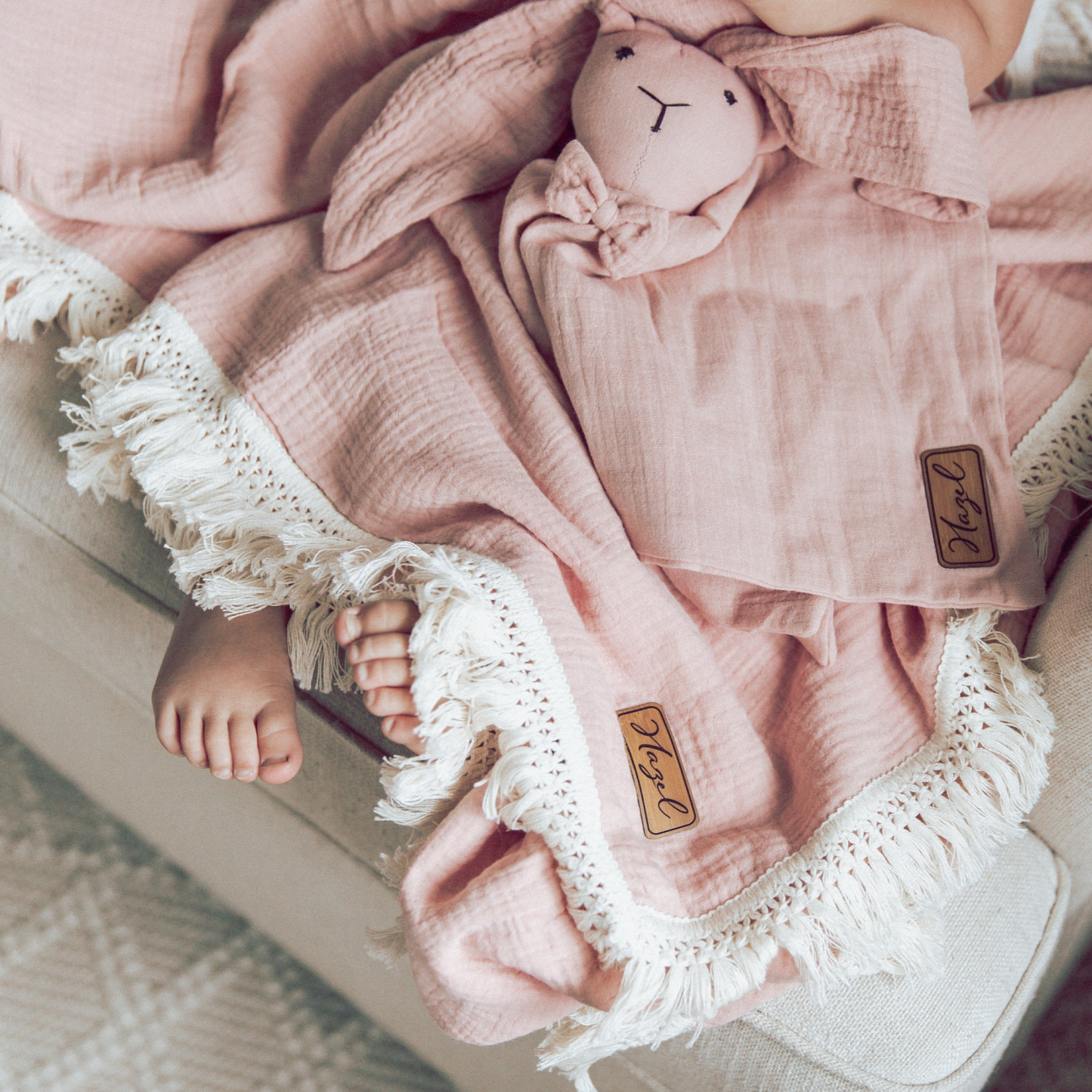 Personalized Fringe Leather Patch Baby Blanket | kkbaby18