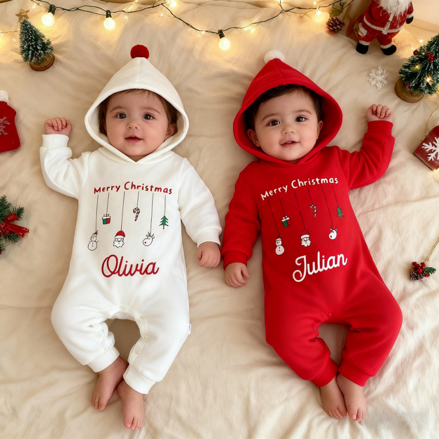 Personalized Baby First Christmas Warm Hoodie Romper | CWBaby330