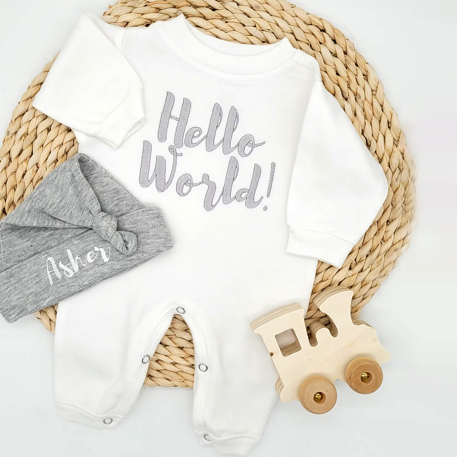 Personalized Embroidery Hello World Baby Coming Home  Ropmer and Hat Set | CWBaby161