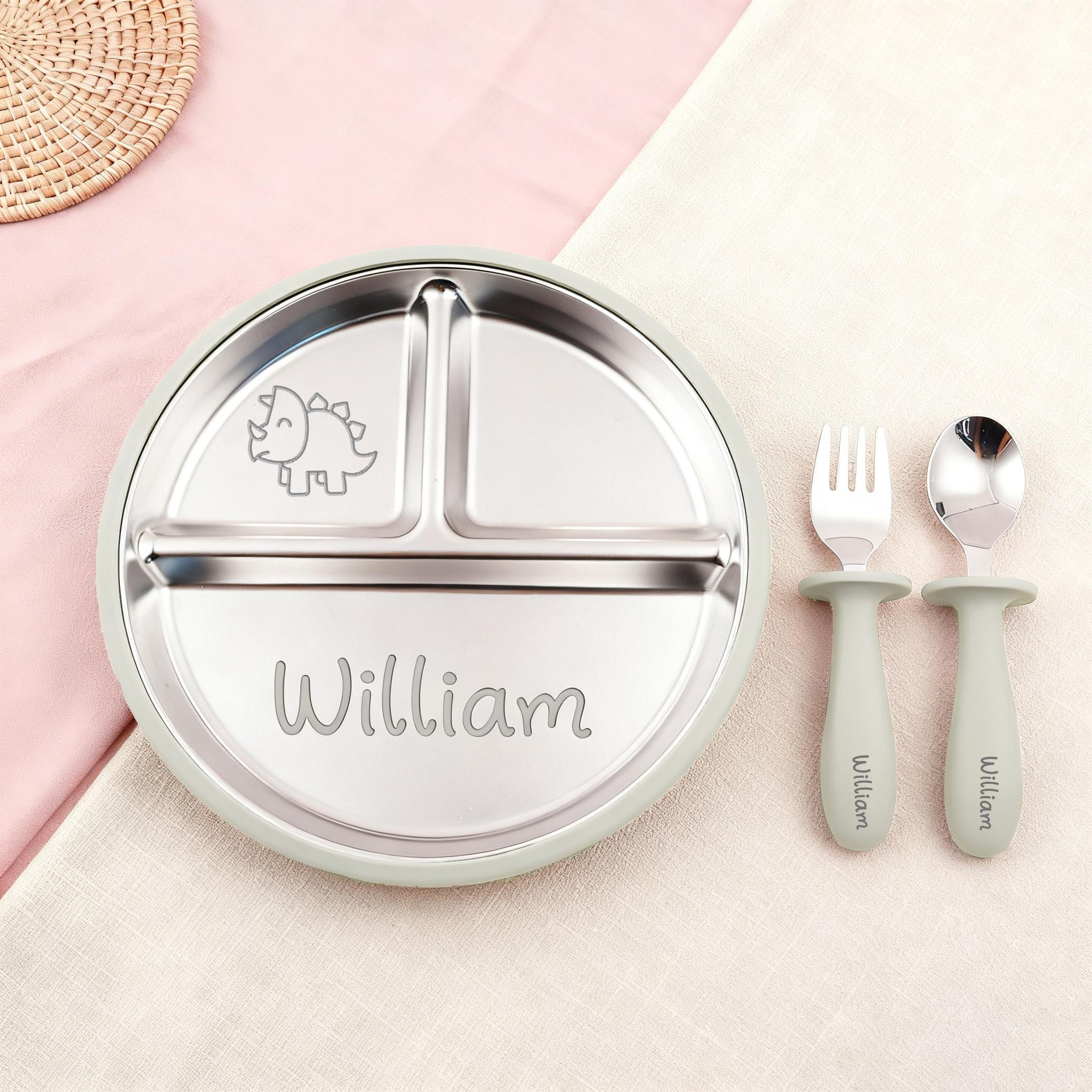 Personalised Baby Stainless Steel Plate Fork & Spoon Set | CWBaby352
