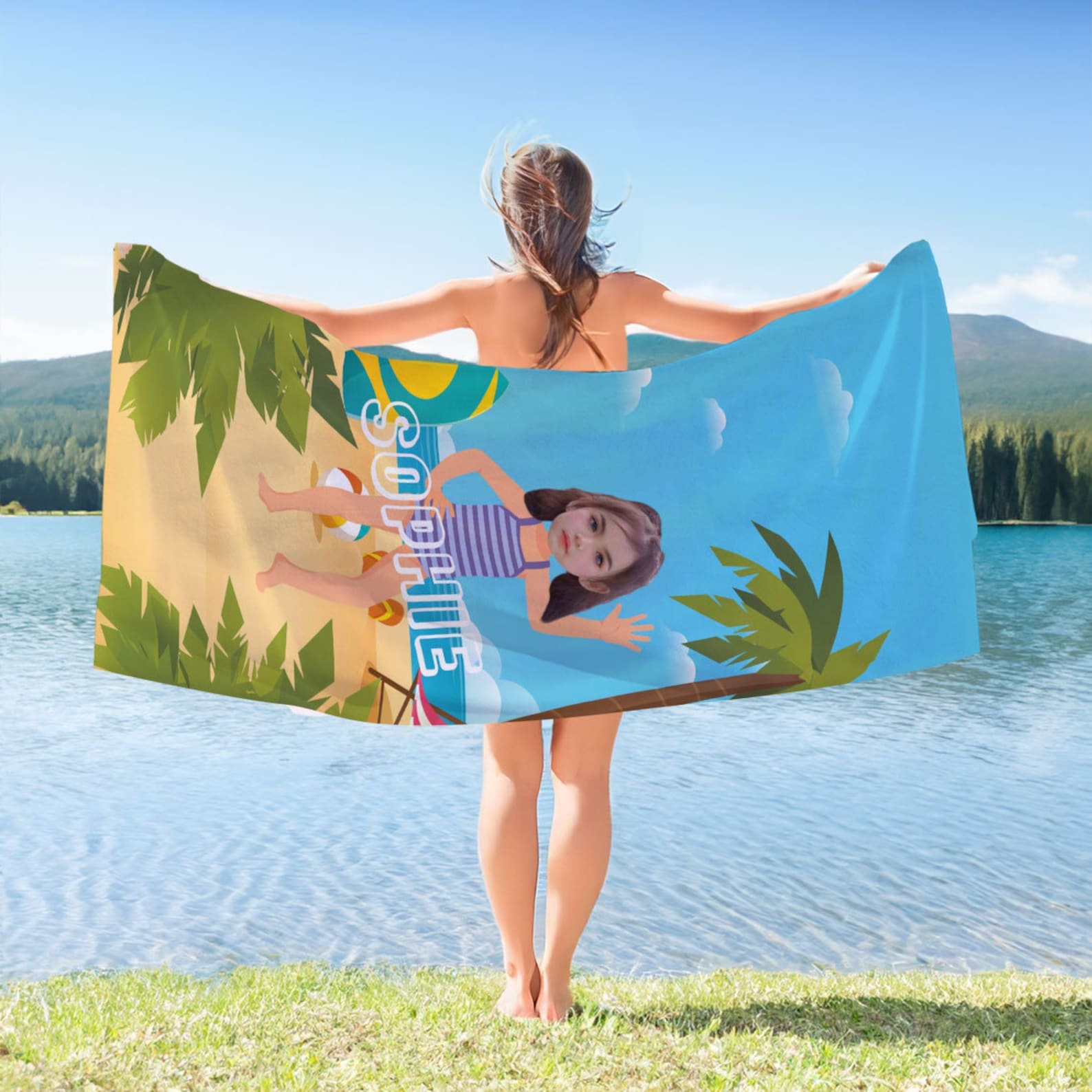 Personalized Lovely Face Name Kid Towel for Summer & Beach | CWTowel117