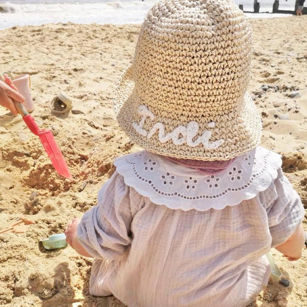 Personalized Hand Embroidered Straw Floppy Sun Hat | CWBeach163