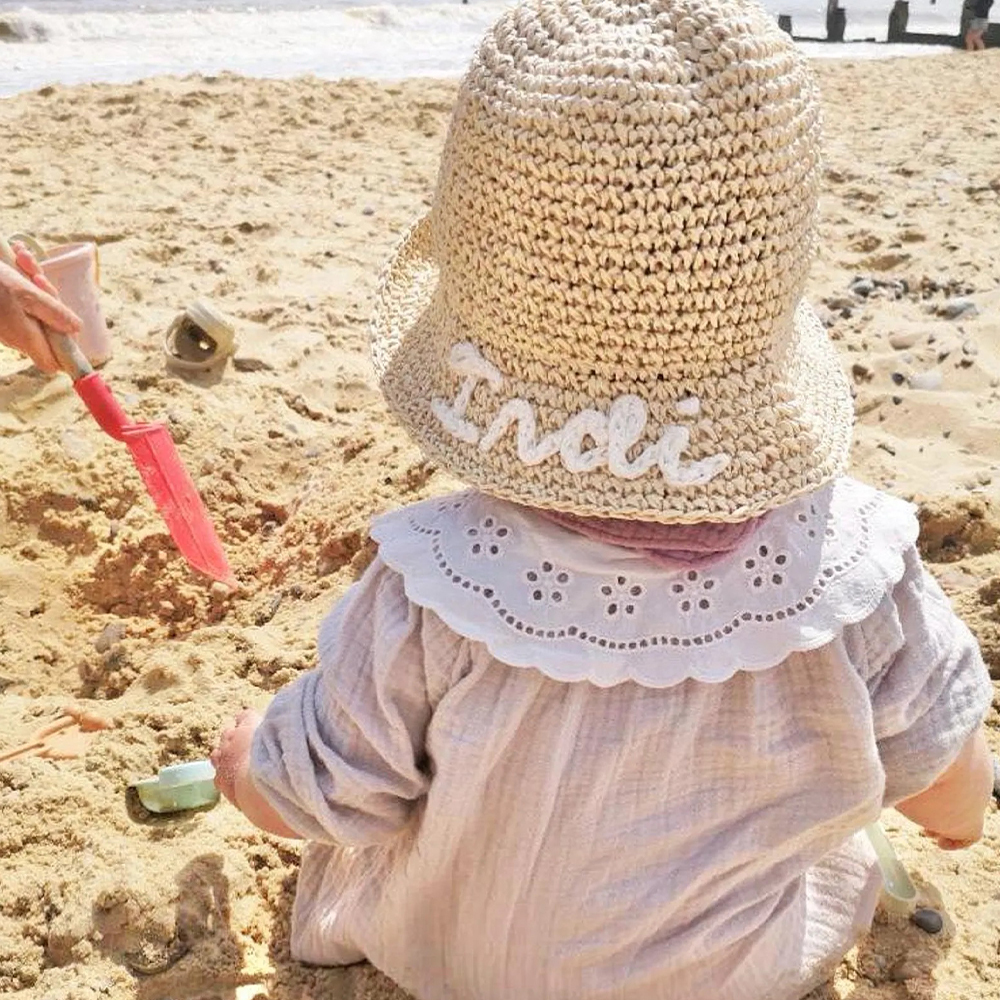 Personalized Hand Embroidered Straw Floppy Sun Hat | CWBeach163