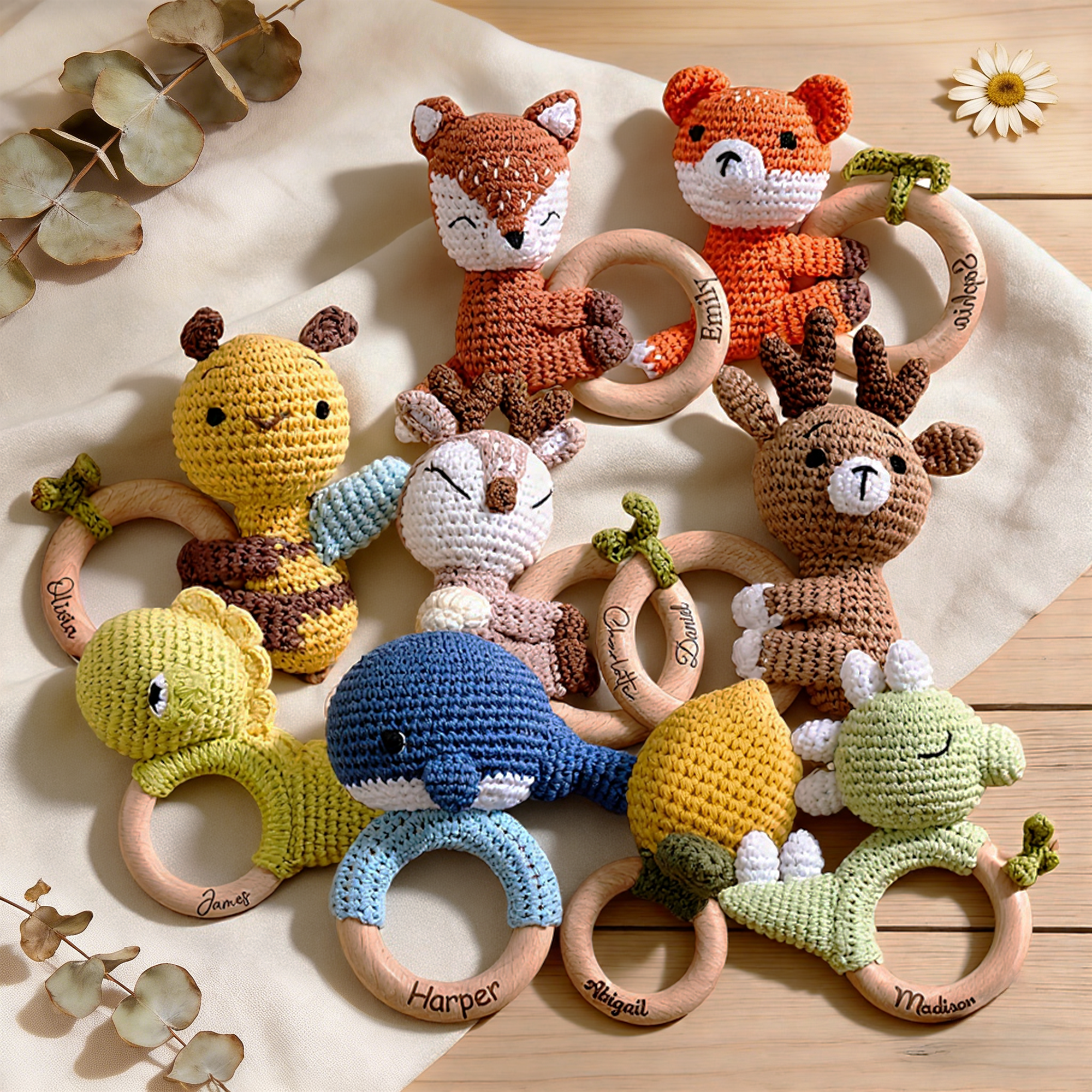 Personalized Baby Handmade Crochet Wooden Rattle Ring | CWToy172