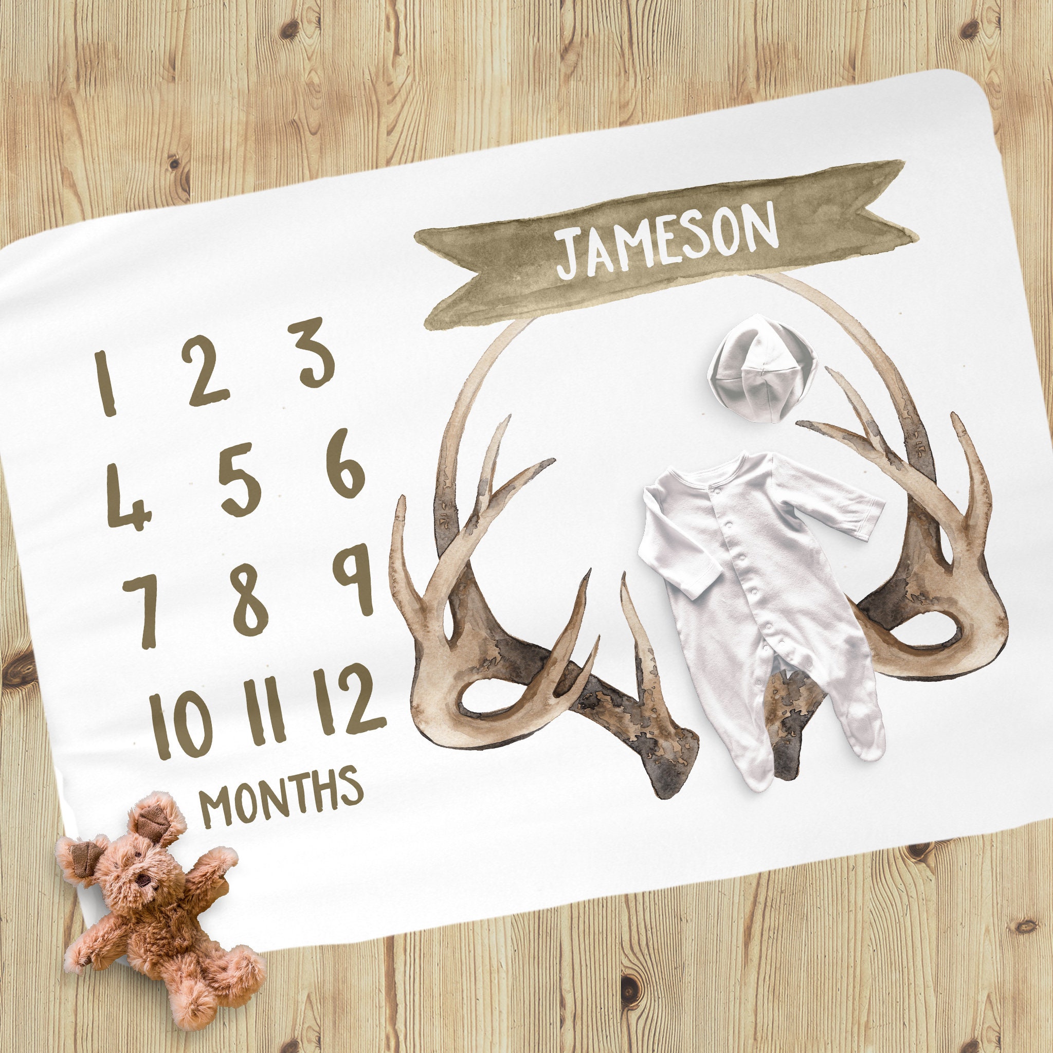 Personalized Baby Antlers Milestone Blanket with Name | BKMS018