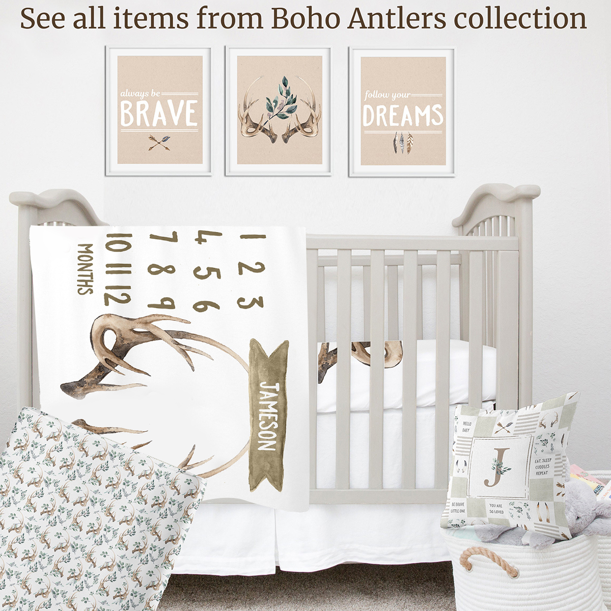 Personalized Baby Antlers Milestone Blanket with Name | BKMS018