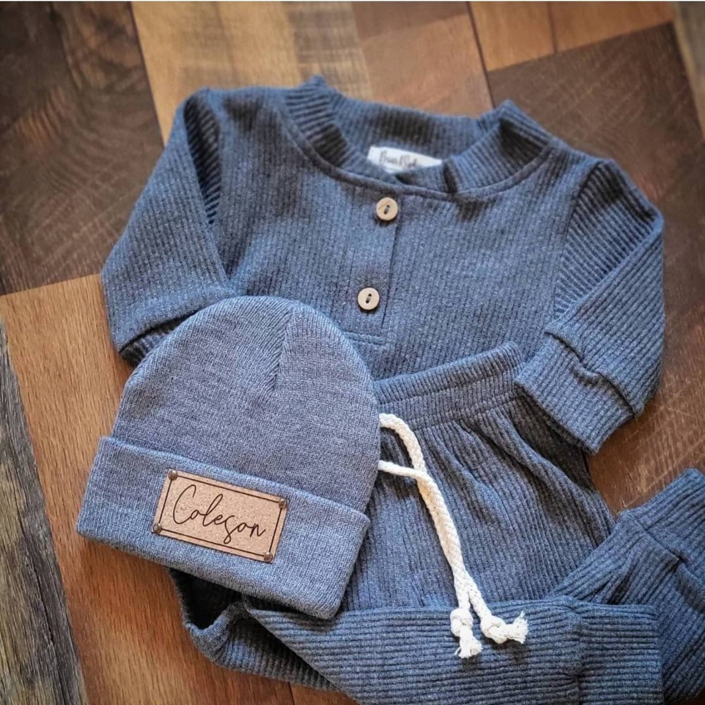 Personalized Leather Patch Baby Beanie Outfit Set | CWBaby84