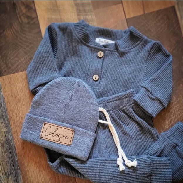 Personalized Leather Patch Baby Beanie Outfit Set | CWBaby84