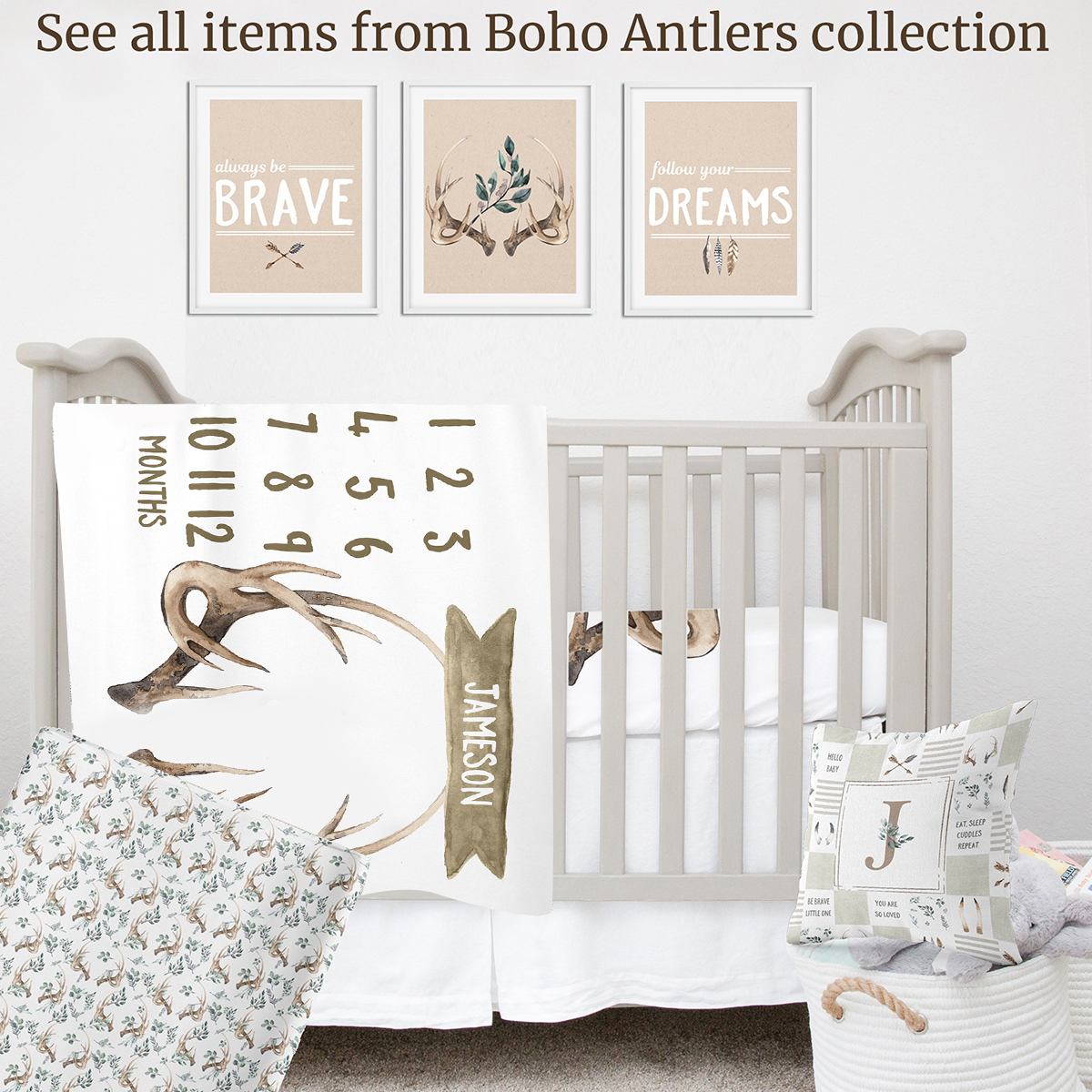 Personalized Baby Antlers Milestone Blanket with Name | BKMS018