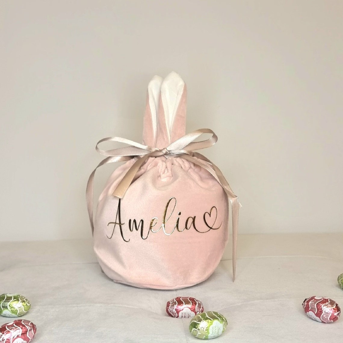 Personalized Foil Stamped Name Easter Bunny Velvet Basket | CWEaster33