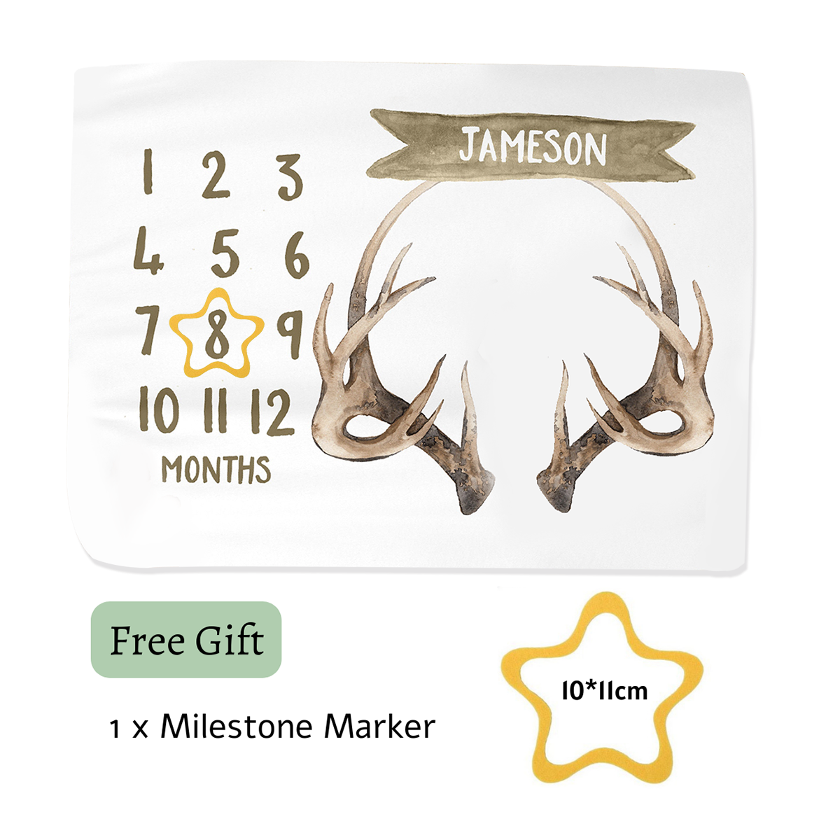 Personalized Baby Antlers Milestone Blanket with Name | BKMS018