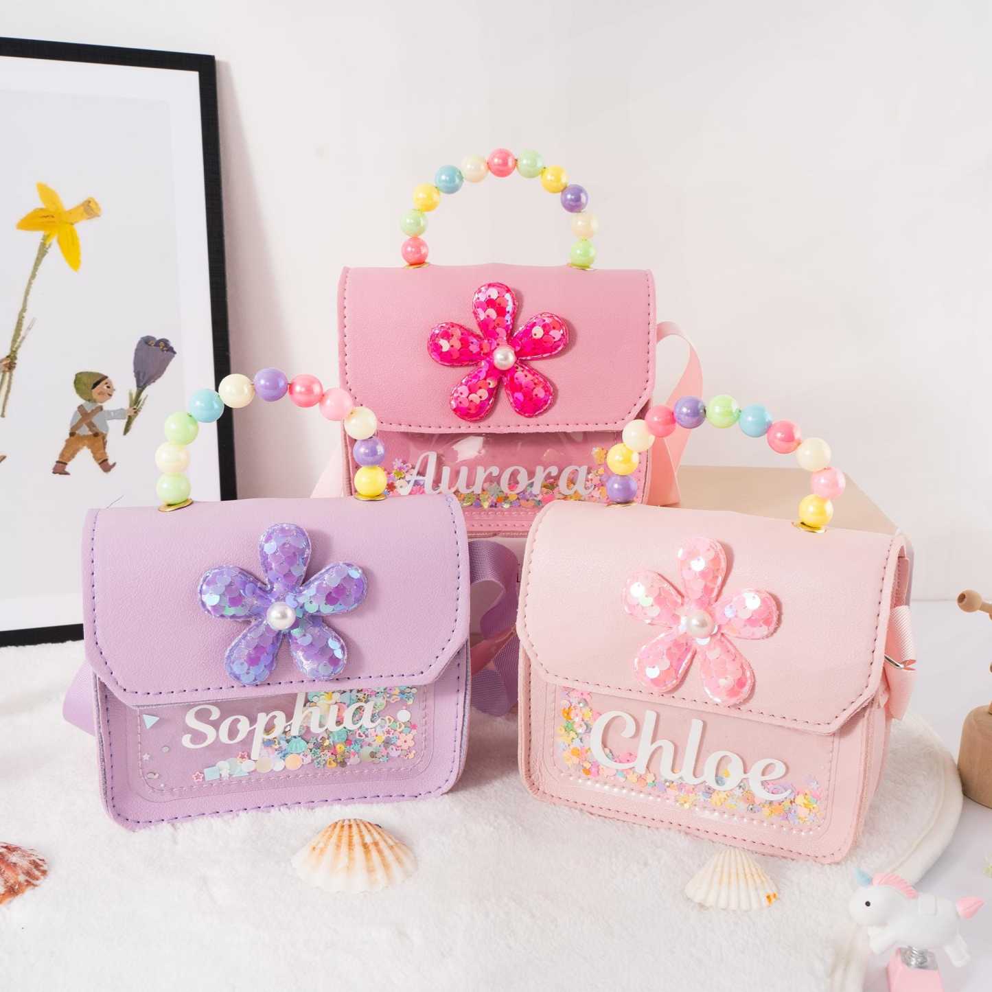 Personalized Name Little Flower Pearl Handbag for Kids  | KKBag10