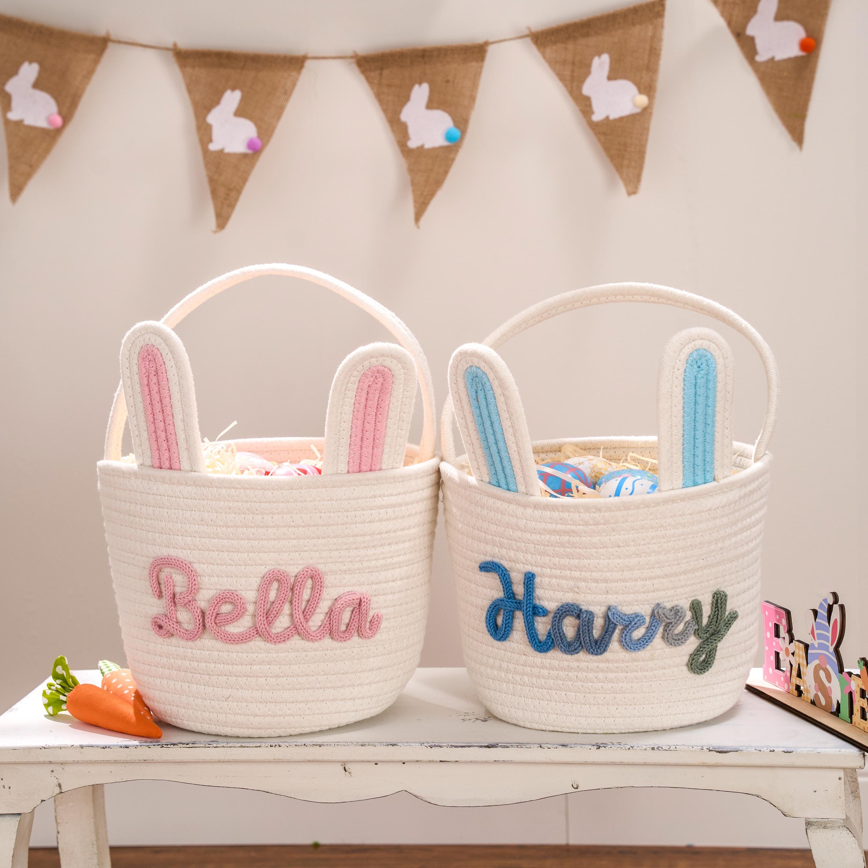 Personalized Hand-embroidered Bunny Easter Basket | CWEaster81