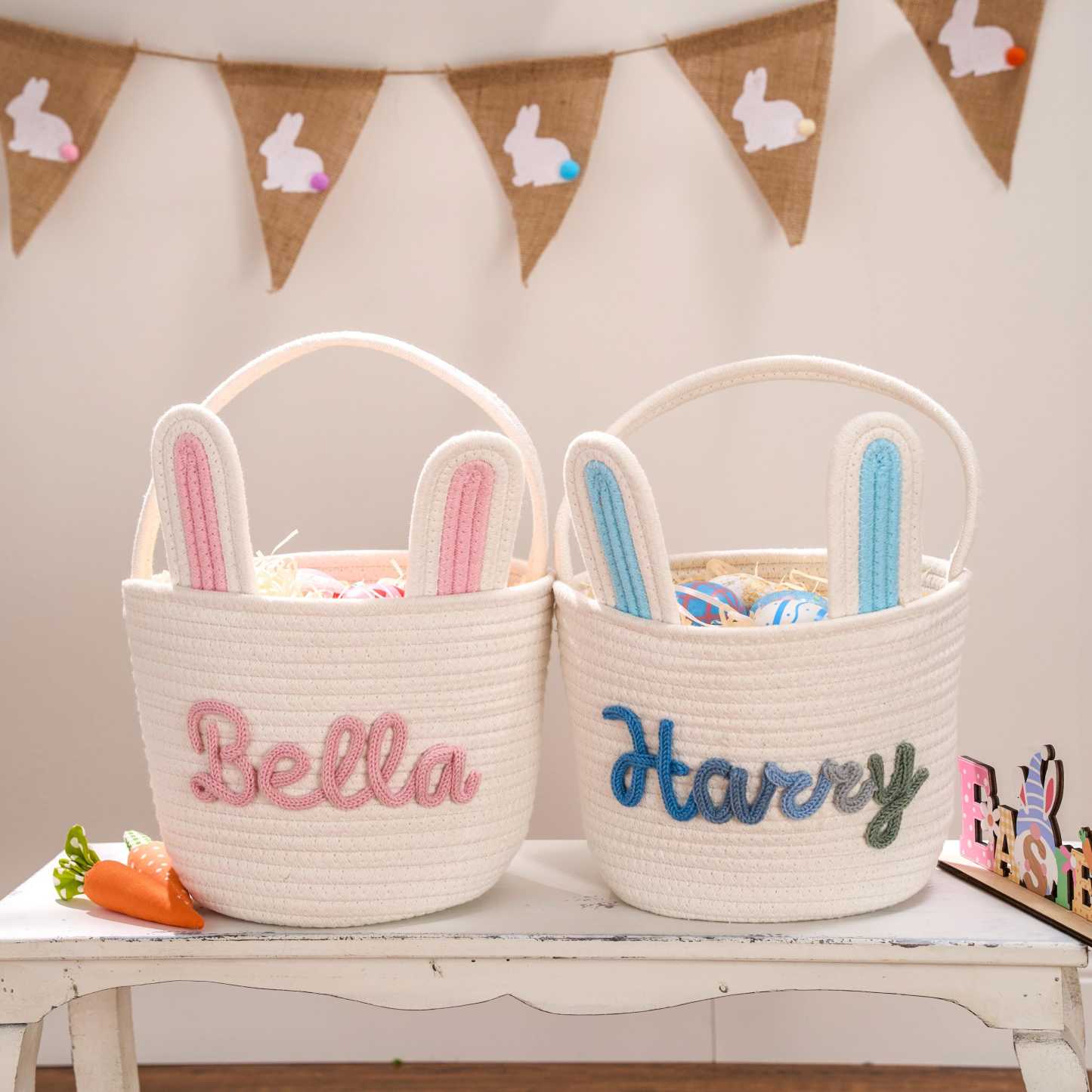 Personalized Hand-embroidered Bunny Easter Basket | CWEaster81