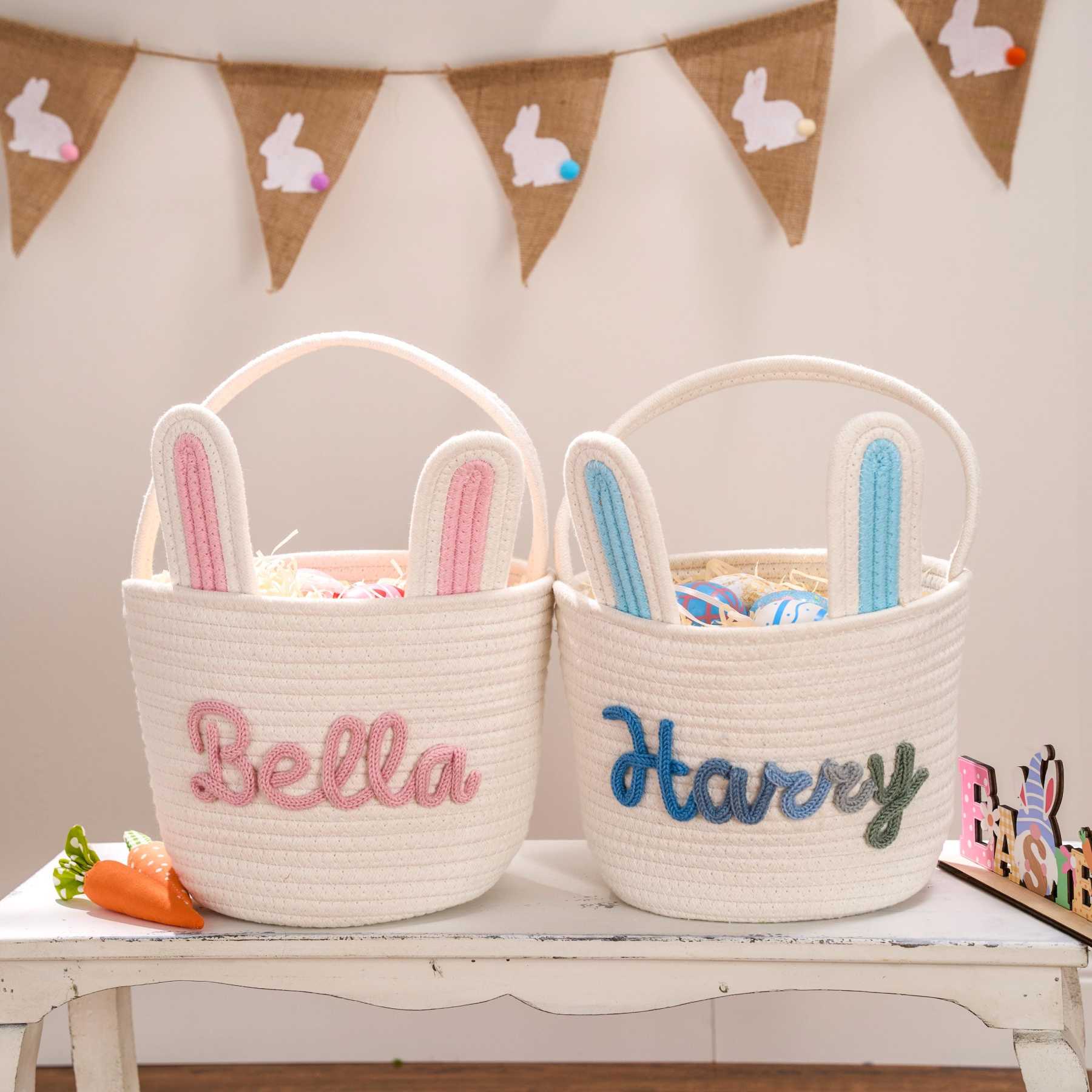 Personalized Hand-embroidered Bunny Easter Basket | CWEaster81