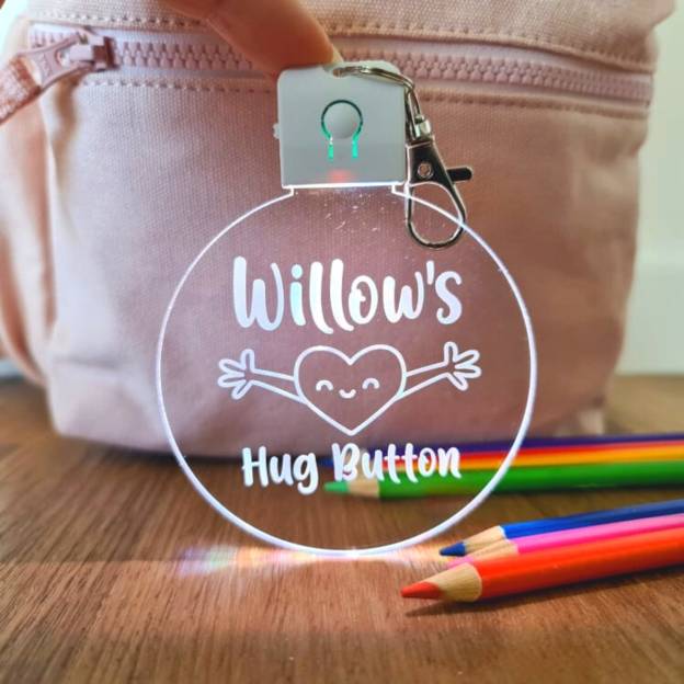 Personalized Name Kids Bag Tag LED Hug Button Keyring | CWToy59