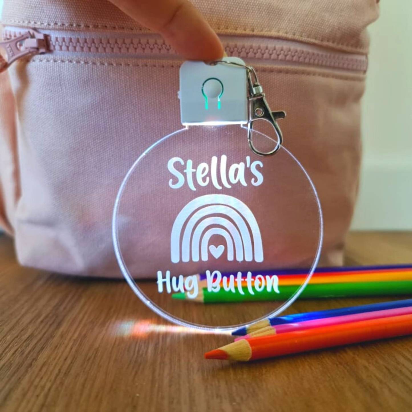 Personalized Name Kids Bag Tag LED Hug Button Keyring | CWToy59