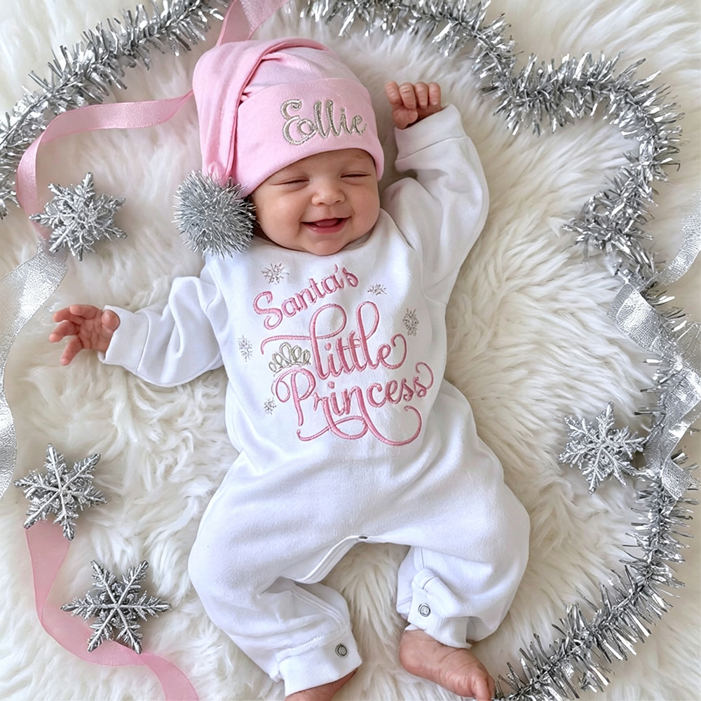 Personalized Baby Girl 1st Christmas Romper and Hat Set | MCGift210