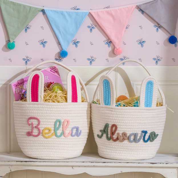 Personalized Hand-embroidered Bunny Easter Basket | CWEaster81