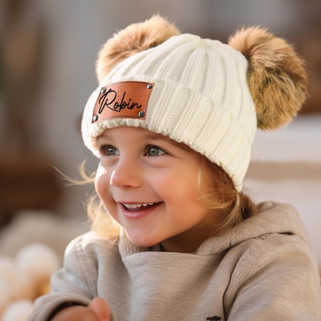 Personalized Leather Patch Pom Pom Hat for Comfort & Unique | HSKid26