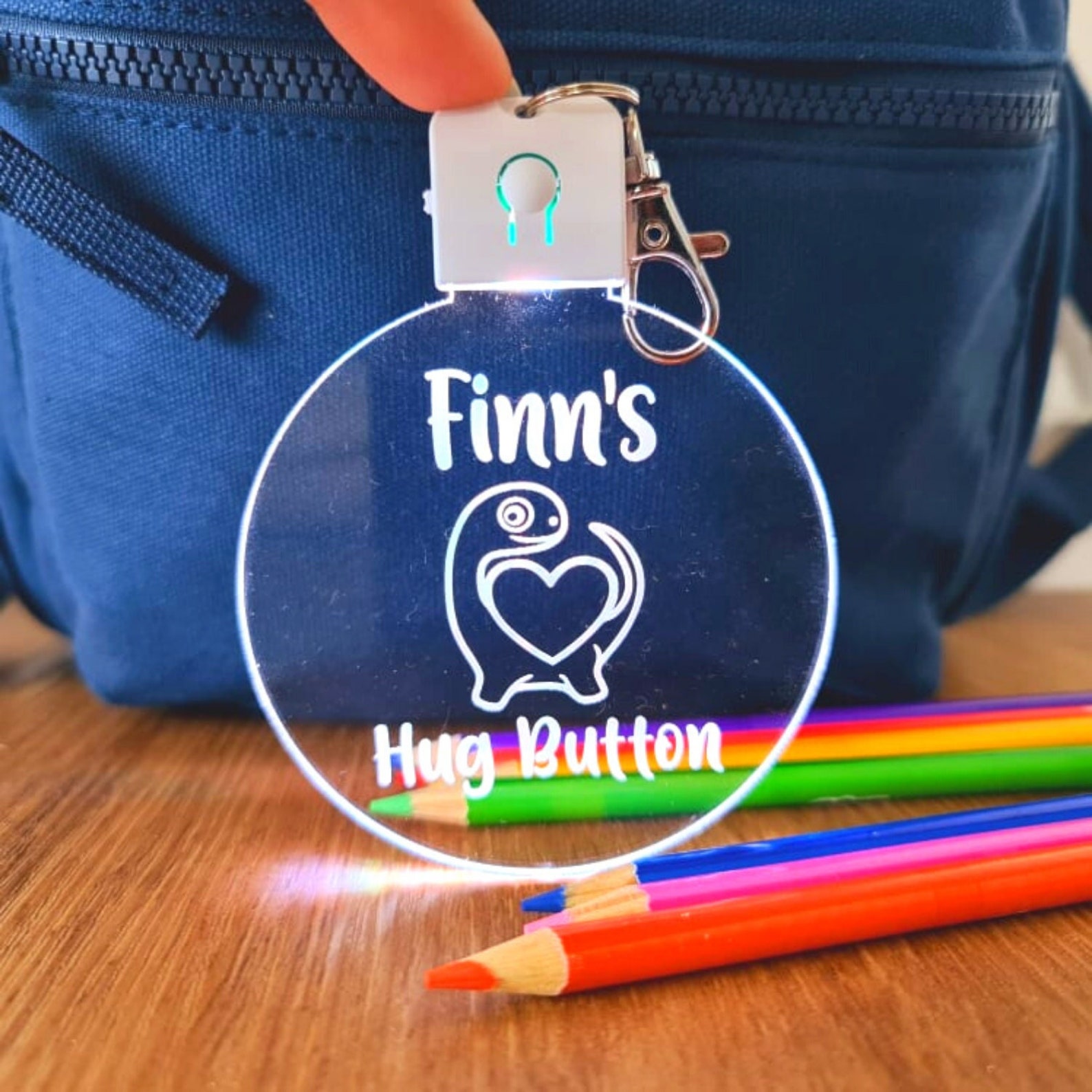 Personalized Name Kids Bag Tag LED Hug Button Keyring | CWToy59