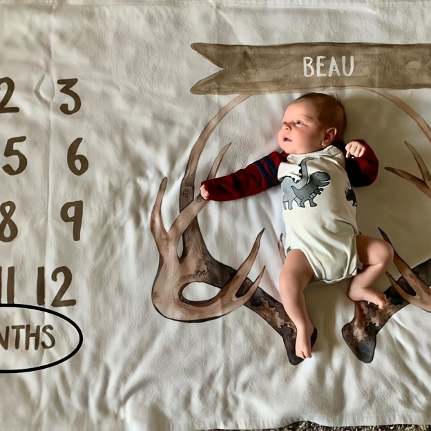 Personalized Baby Antlers Milestone Blanket with Name | BKMS018