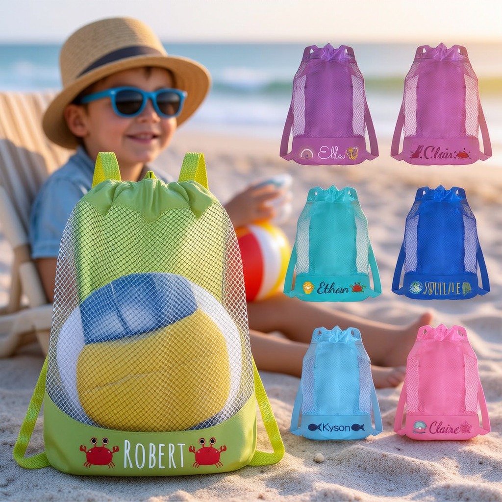 Personalized Mesh Adjustable Drawstring Beach Backpack | CWBeach199
