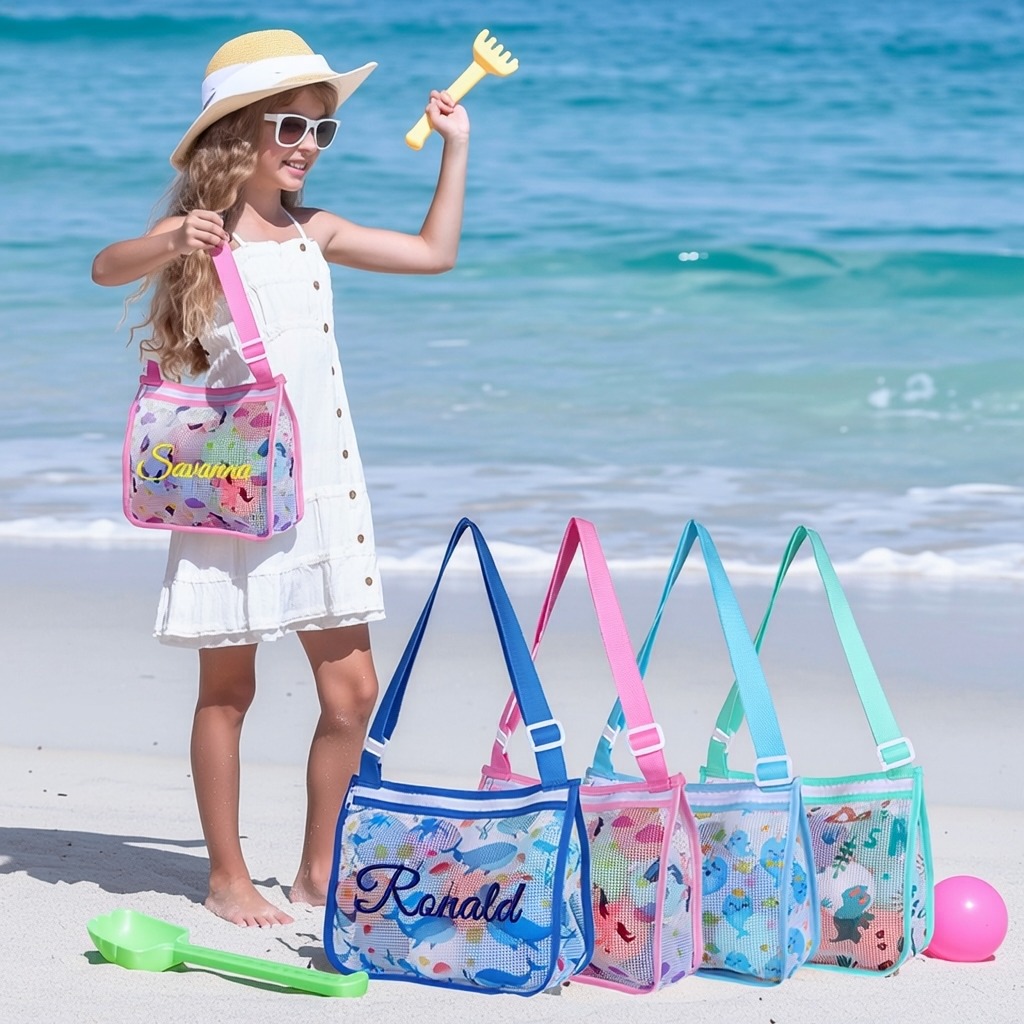 Personalized Embroidery Seashell Zipper Mesh Beach Bag | CWBeach132