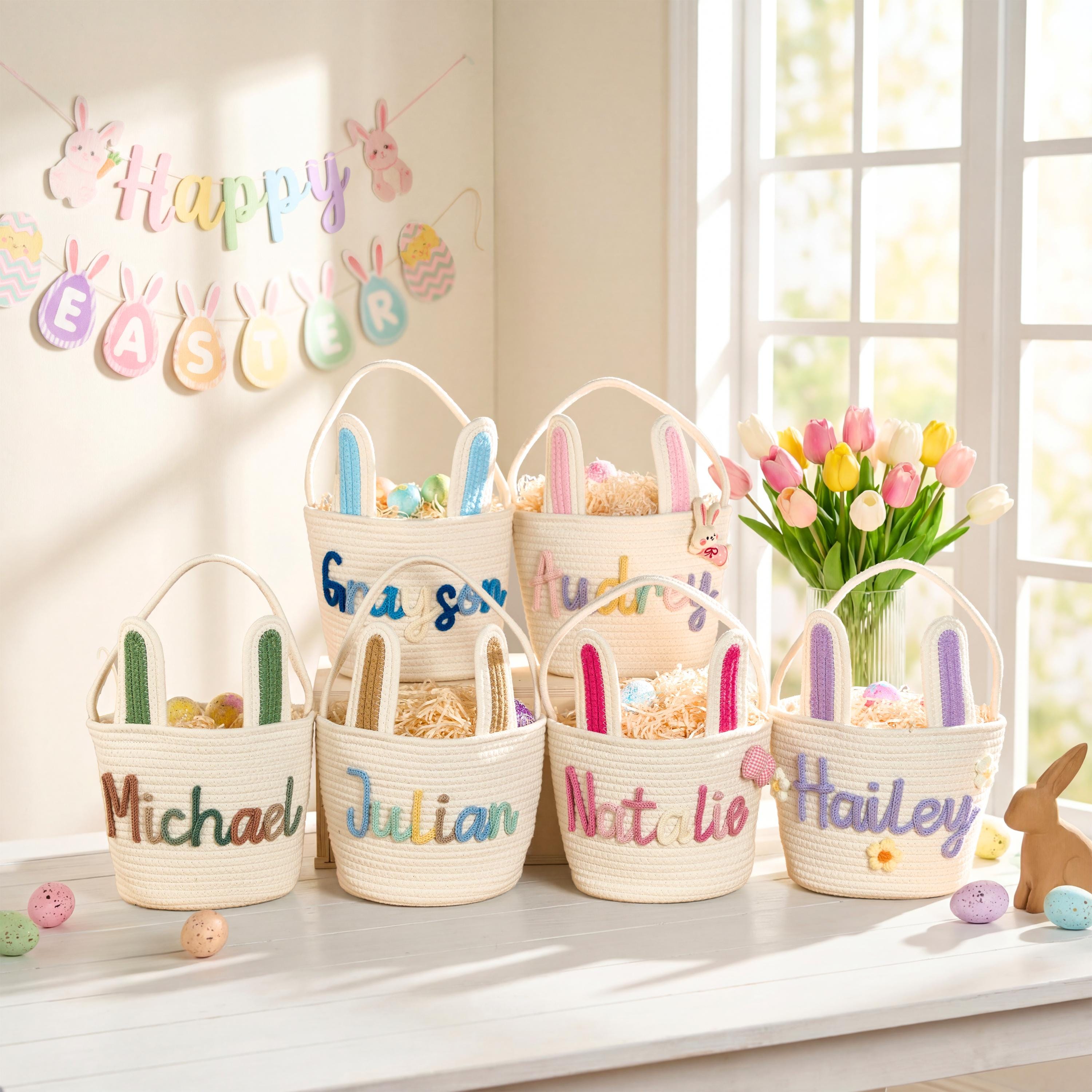 Personalized Hand-embroidered Bunny Easter Basket | CWEaster81