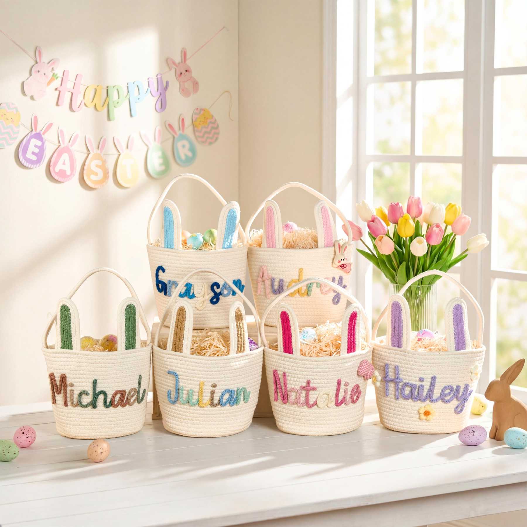 Personalized Hand-embroidered Bunny Easter Basket | CWEaster81