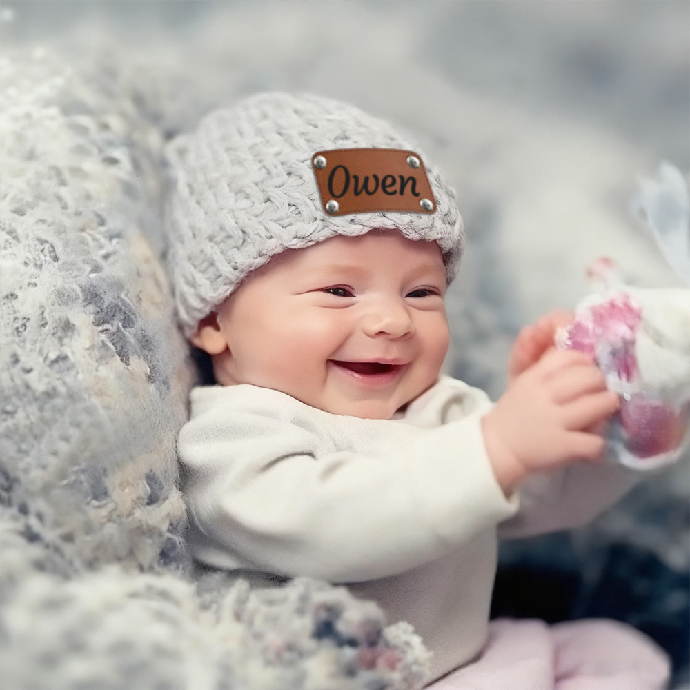 Personalized Leather Patch Baby Winter Warm Knitted Hat | HSKid76