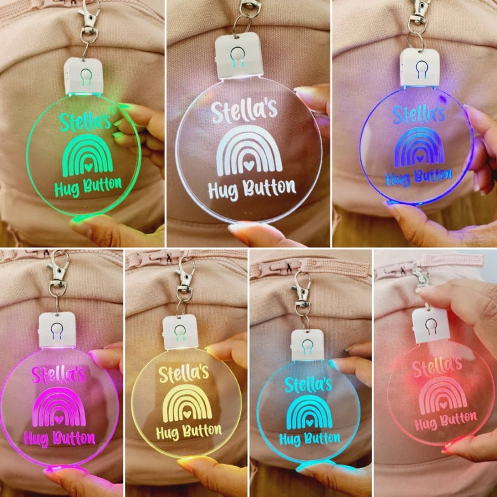 Personalized Name Kids Bag Tag LED Hug Button Keyring | CWToy59