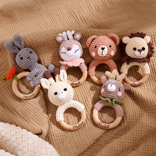 Personalized Baby Handmade Crochet Wooden Rattle Ring | CWToy172