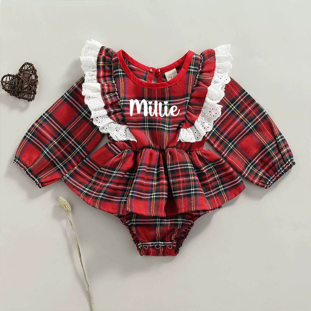 Personalized Christmas Baby Girl Lovely Plaid Romper | MCGift365
