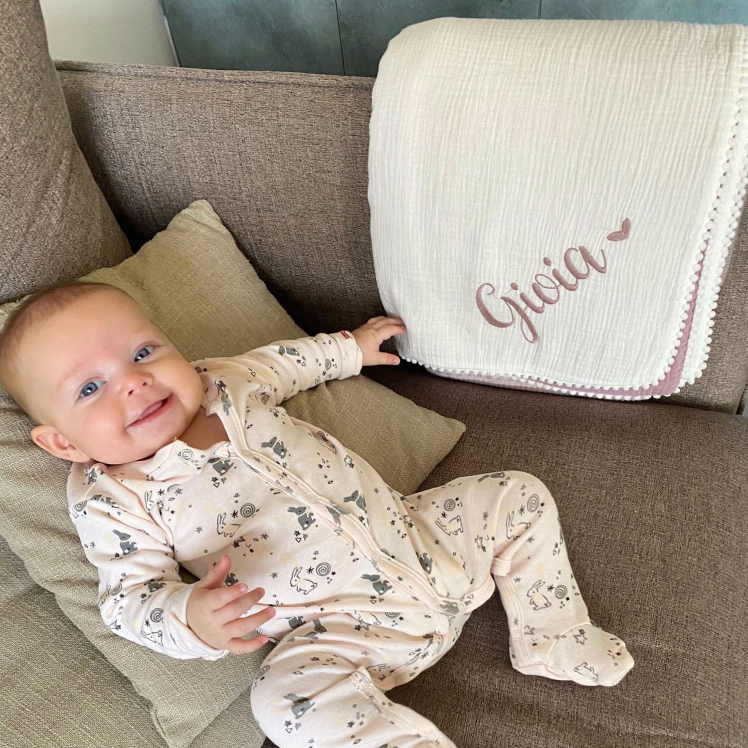 Personalized Embroidered Swaddle Muslin Pom Pom Blanket | CWBaby46