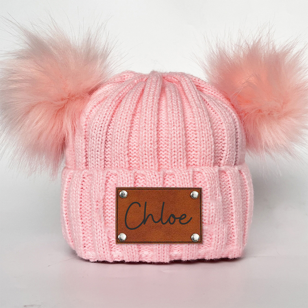 Personalized Leather Patch Kid Pom Pom Hat and Scarf | HSKid0101