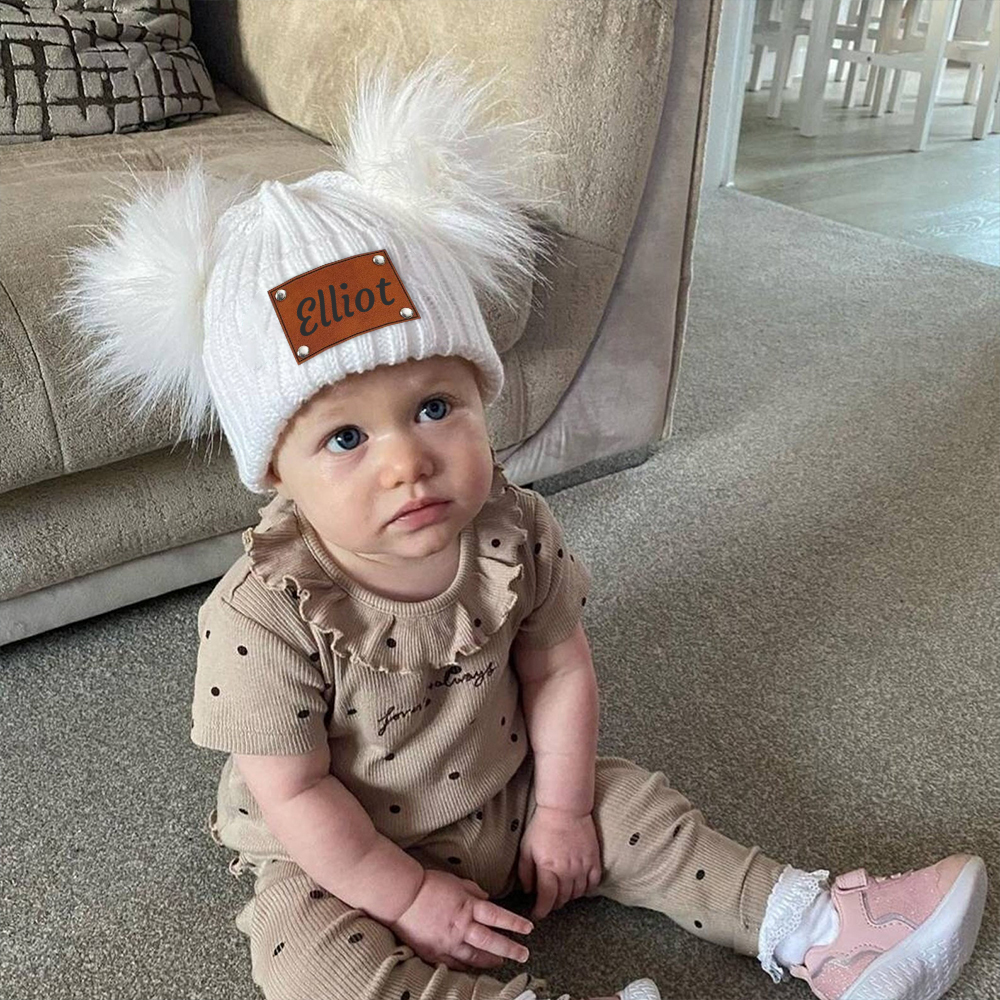 Personalized Leather Patch Kid Pom Pom Hat and Scarf | HSKid0101